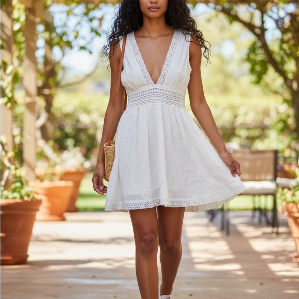SHEIN White Crochet-Trim V-Neck Mini Sundress